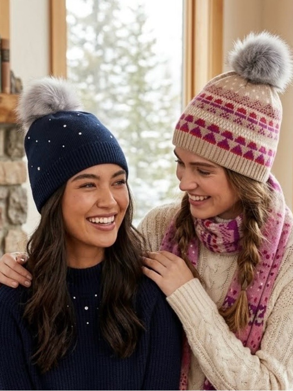 Women's Cozy Wool Pom-Pom Beanie Bundle Navy and Cream - Picture 1 of 7
